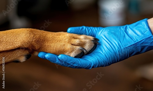 I am your friend. A veterinarian's hand in a protective glove holds a paw of their patient while working at a veterinary clinic photo