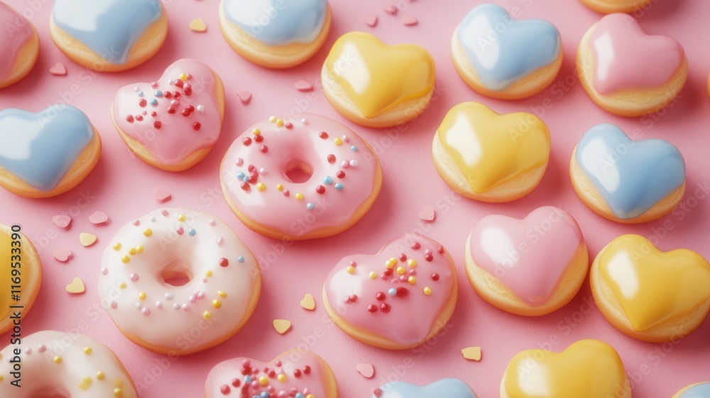 Fototapeta premium Sweetheart Donuts: A Delightful Collection of Pink, Yellow, and Blue Heart-Shaped and Round Donuts on a Pink Background