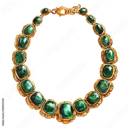 A watercolor vector painting of an artistic gold and emerald necklace, isolated on a white background. Artistic gold and emerald necklace vector.

