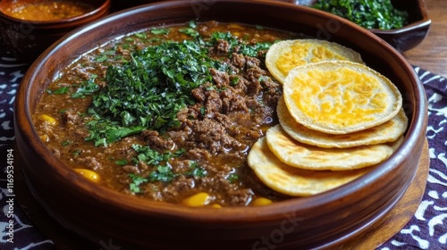 Delicious birria tacos with broth and cilantro in traditional clay bowl photo