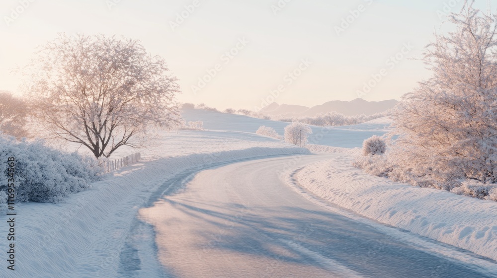 Winter Wonderland: Serene Road Through Snowy Landscape Winter Wonderland: Serene Road Through Snowy Landscape