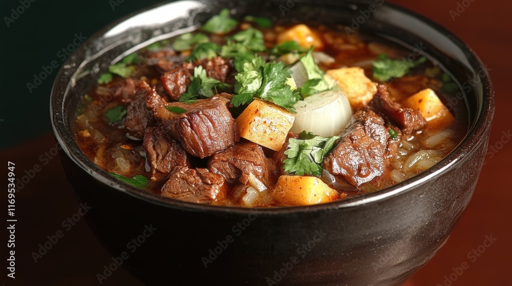 Delicious mexican birria stew simmering in a bowl Delicious mexican birria stew simmering in a bowl