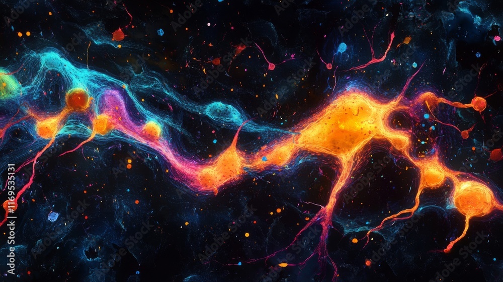 Fototapeta premium An inside illumination of a human brain, showcasing the complex network of synapses and neurons in vivid hues against a somber, gloomy backdrop. -