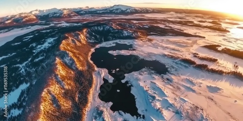 Wallpaper Mural Expansive winter landscape captured from above at sunset with frozen lake and snow-covered mountains Torontodigital.ca