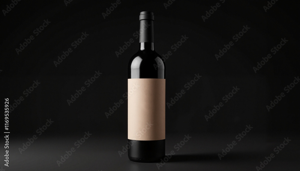 Fototapeta premium Elegant black wine bottle with blank label, minimalist design, mockup
