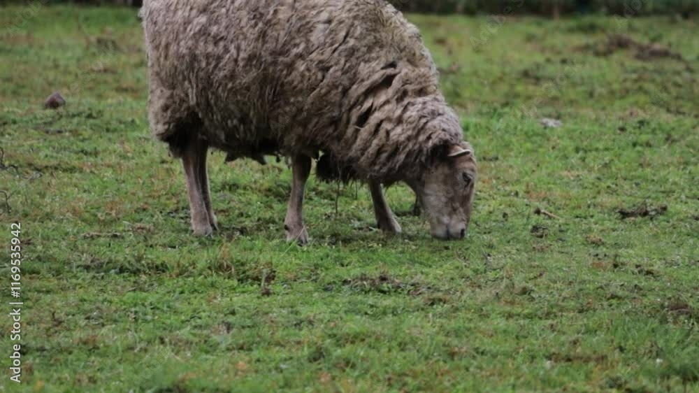 sheep is walking on a farm, a sheep with long wool. sheep is walking on a farm, a sheep with long wool.