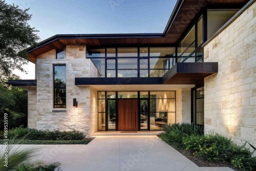This breathtaking modern home showcases expansive glass windows, beautifully situated in a tranquil landscape while bathed in the soft glow of evening light