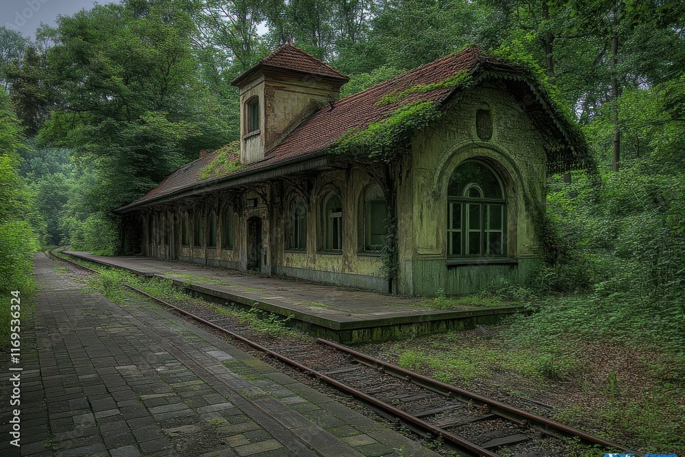 Overgrown train station in a lush forest. A forgotten place reclaimed by nature. Serene, mysterious, and evocative. Overgrown train station in a lush forest. A forgotten place reclaimed by nature. Serene, mysterious, and evocative.