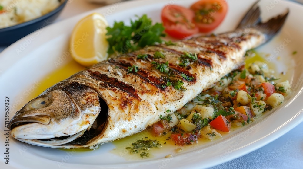 Grilled fish, lemon, tomato salsa, herbs, oil. Grilled fish, lemon, tomato salsa, herbs, oil.