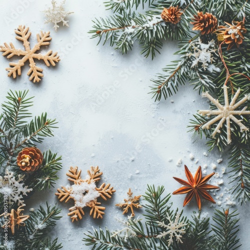 Festive Fir: Christmas Composition with Snowflakes and Ornaments on a Pastel Gray Background photo