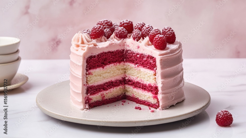 National Raspberry Cake Day Delicious raspberry layer cake with cream frosting and fresh berries on elegant plate National Raspberry Cake Day Delicious raspberry layer cake with cream frosting and fresh berries on elegant plate
