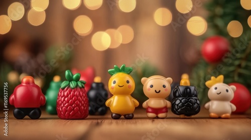 Obraz na płótnie Colorful miniature toys with fruit and animal designs on wooden table w salonie