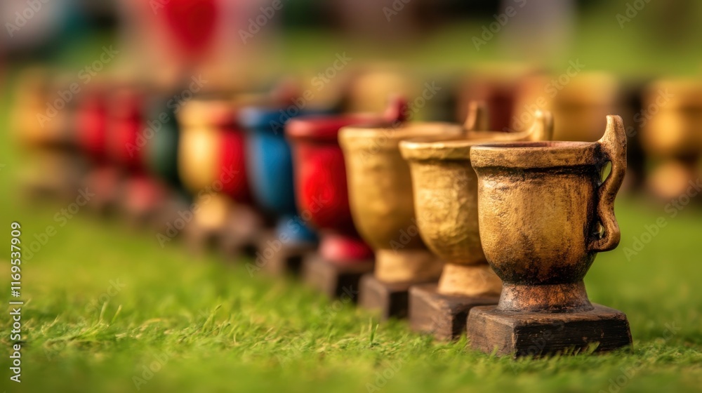 Colorful wooden trophy cups in a row on green grass background Launceston Cup Colorful wooden trophy cups in a row on green grass background Launceston Cup
