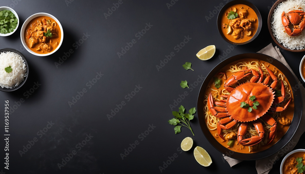Top View of white Rice with Crab Curry - Indian Traditional Recipe Top View of white Rice with Crab Curry - Indian Traditional Recipe