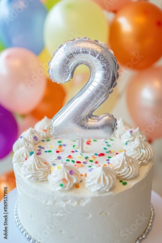 Celebratory Second Birthday Cake with Silver Number Balloon photo