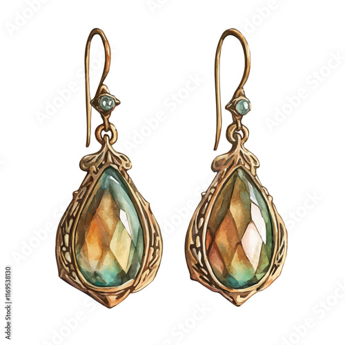 A watercolor vector painting of antique earrings, isolated on a white background. Antique earrings vector.

