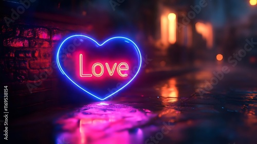 Neon Heart Glowing at Night in a Wet Reflective Urban Setting