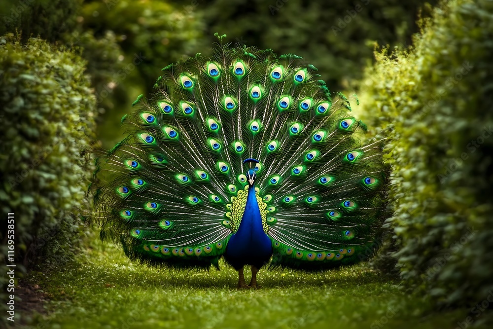 Obraz premium A vibrant peacock displays its colorful feathers in a lush garden setting.