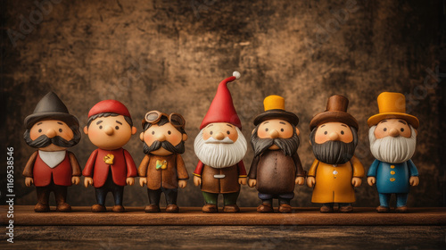 Whimsical clay figures of seven diverse gnomes in unique costumes Curmudgeons Day photo