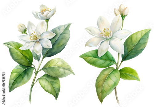 Watercolor floral illustration, white jasmine flowers, green leaves, botanical art, nature design, elegant decor.