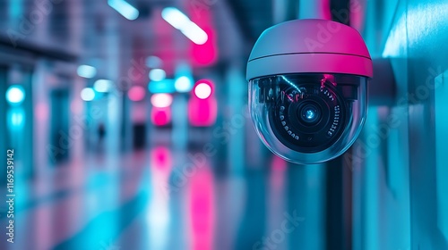 Security camera mounted on wall in corridor.