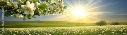 Beautiful spring landscape with a blooming apple branch and sun rays over a green field with white flowers, banner design.