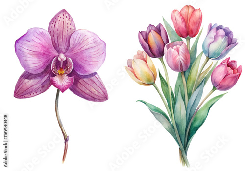 Vibrant watercolor flowers, elegant orchid design, colorful tulip bouquet, botanical illustration, floral art print.