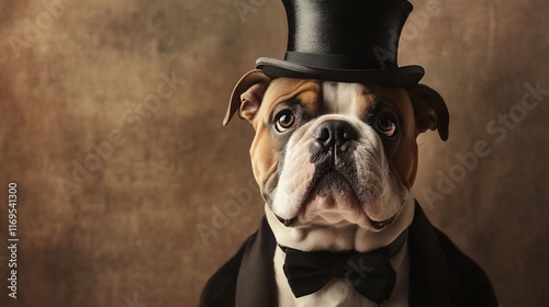 A dog wearing a top hat, tuxedo, and bow tie, looking directly at the camera against a brown background. photo