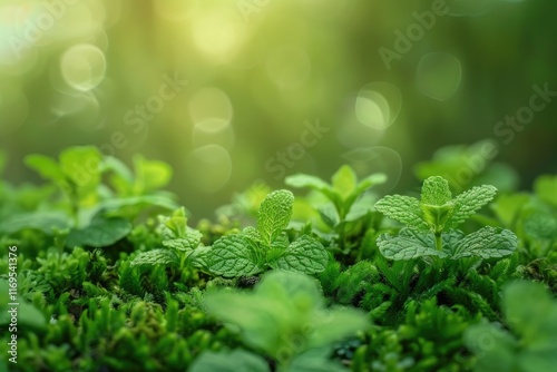 Close up shot of small mint leaves and moss photo