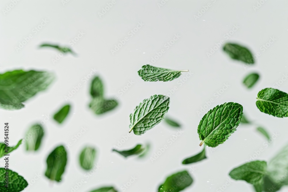 Falling spearmint leaves isolated on white background Falling spearmint leaves isolated on white background