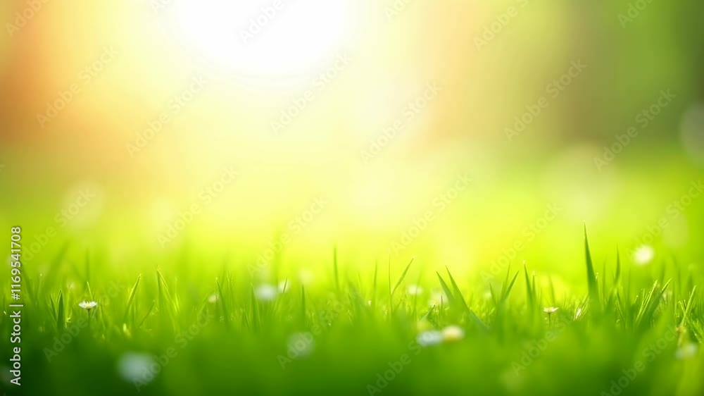 Lush green grass bathed in golden sunlight. Fresh spring meadow with dewdrops. Natural background for eco, environment, nature concepts. Serene landscape scene with copy space Lush green grass bathed in golden sunlight. Fresh spring meadow with dewdrops. Natural background for eco, environment, nature concepts. Serene landscape scene with copy space