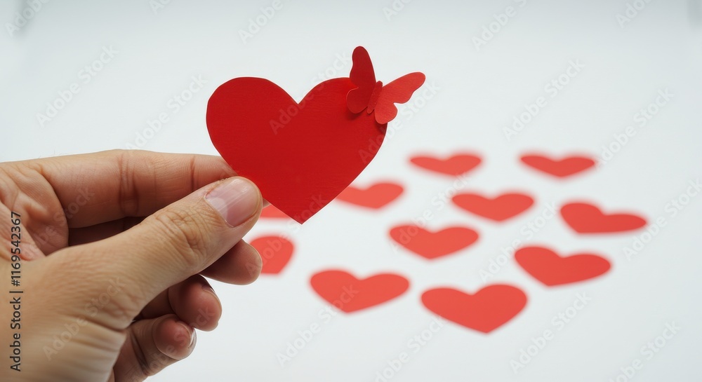 A hand holding a small red heart-shaped paper on a white background adorned with one small butterfly at the corner indicating a message of love and appreciation for valentine day A hand holding a small red heart-shaped paper on a white background adorned with one small butterfly at the corner indicating a message of love and appreciation for valentine day