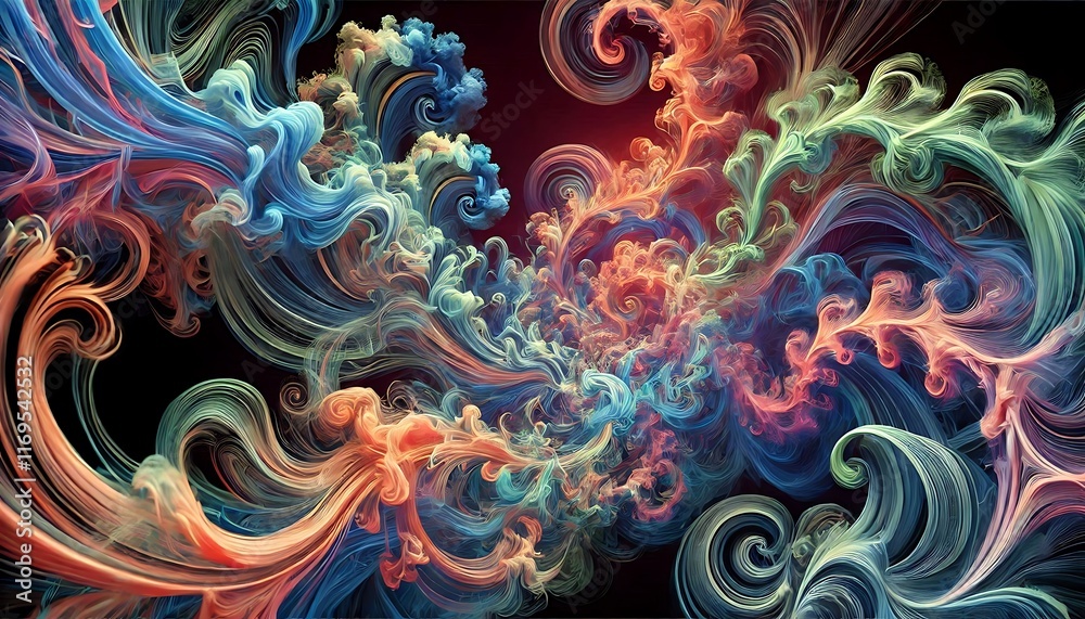 Obraz premium Intricate kaleidoscopic smoke trails in vivid fluorescent colors twisting endlessly into abstract forms created using generative AI for banners.