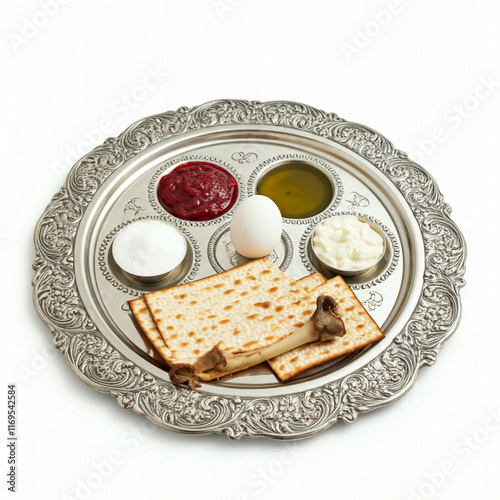 silver seder plate with matzah and passover symbols on white background photo