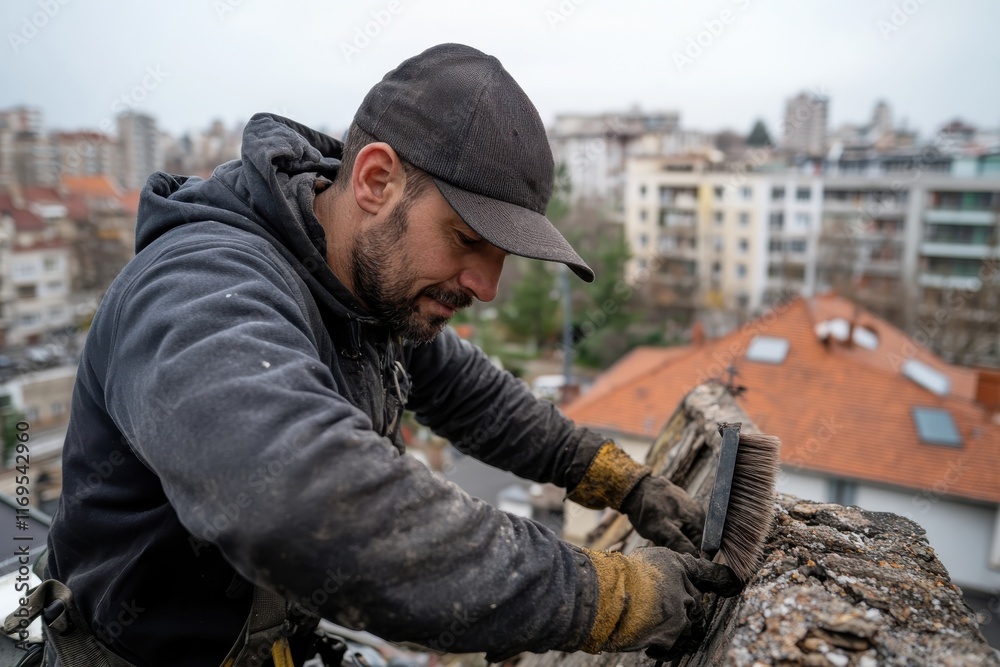 Fototapeta premium A skilled roofer performs essential repair work on a residential building, highlighting their craftsmanship amid picturesque city scenery, emphasizing labor and skill in construction.