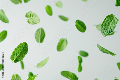 Flying green mint leaves on white background