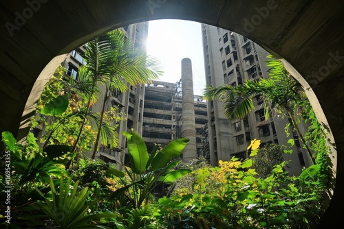 Overgrown urban jungle: Nature reclaims a concrete skeleton. Lush tropical plants thrive amidst the ruins of a decaying building. photo