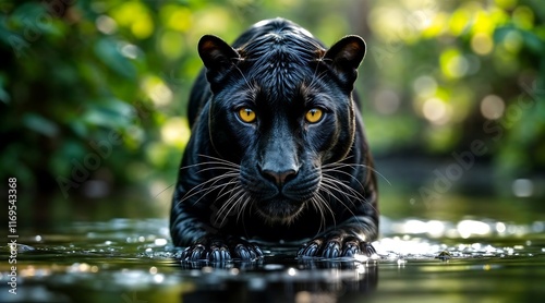 Majestic Black Panther in Jungle Stream and Dark Backdrop, Power and Wildlife