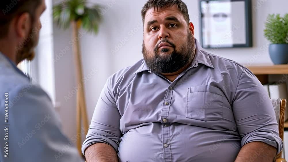 A man with obesity sits across from a healthcare professional during a psychotherapy session. They discuss strategies for managing weight and mental health. A man with obesity sits across from a healthcare professional during a psychotherapy session. They discuss strategies for managing weight and mental health.