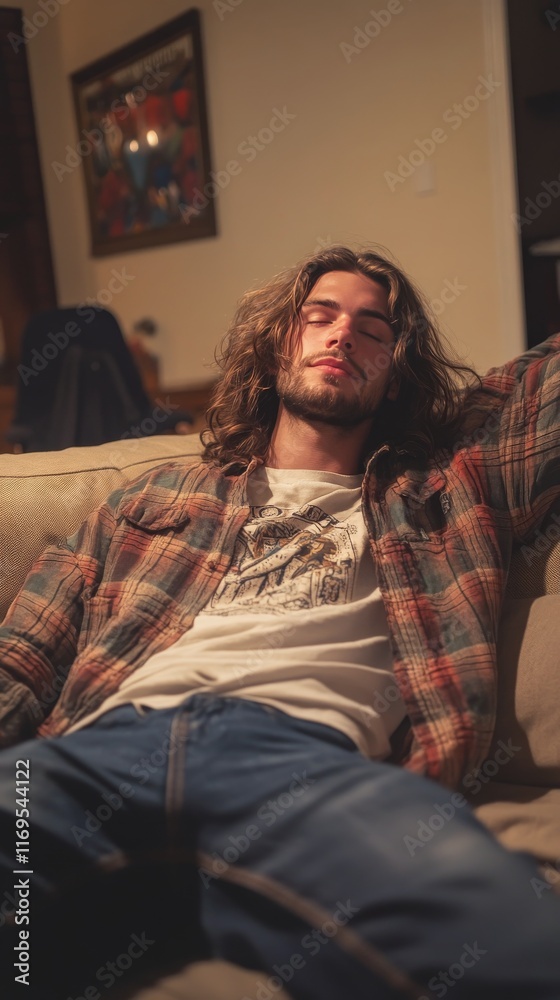 Young man relaxing on a couch in a cozy indoor setting with natural light streaming in Young man relaxing on a couch in a cozy indoor setting with natural light streaming in