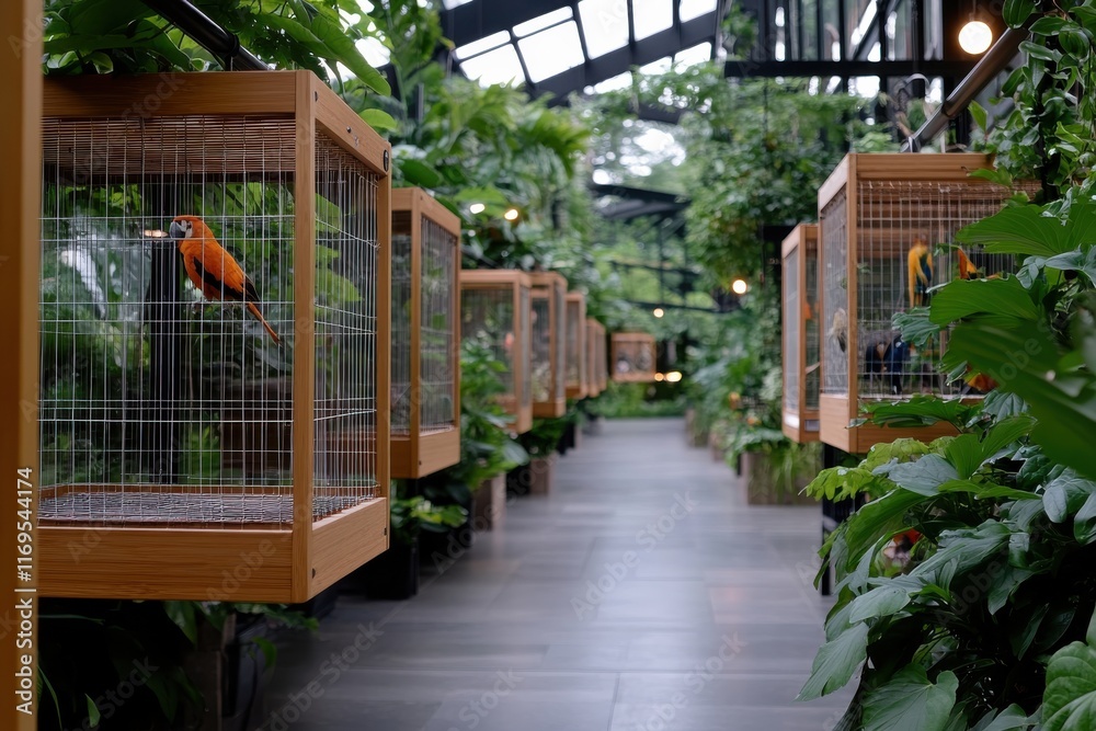 An indoor garden featuring vibrant birds in spacious cages, providing a serene and lively atmosphere, highlighting the beauty of nature and wildlife interaction. An indoor garden featuring vibrant birds in spacious cages, providing a serene and lively atmosphere, highlighting the beauty of nature and wildlife interaction.