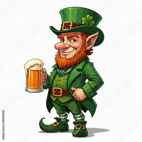 smiling cartoon leprechaun holding a pint of beer wearing a green hat and green outfit