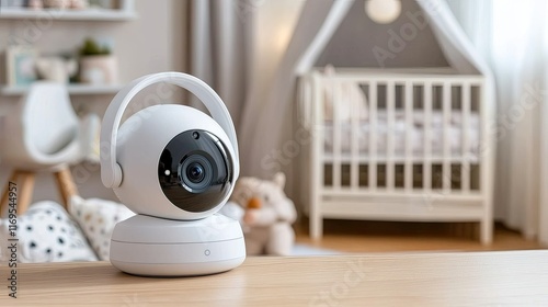 A baby monitor camera is set on a bed, providing a clear view of a children's room filled with soft lighting and a nearby crib