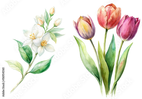 Beautiful watercolor flowers, vibrant tulips, delicate blossoms, botanical illustration, floral art, nature-inspired design.
