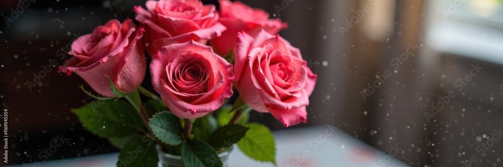 Close-up of roses in vase, water splatter, romantic setting, floral photography, macro, details Close-up of roses in vase, water splatter, romantic setting, floral photography, macro, details