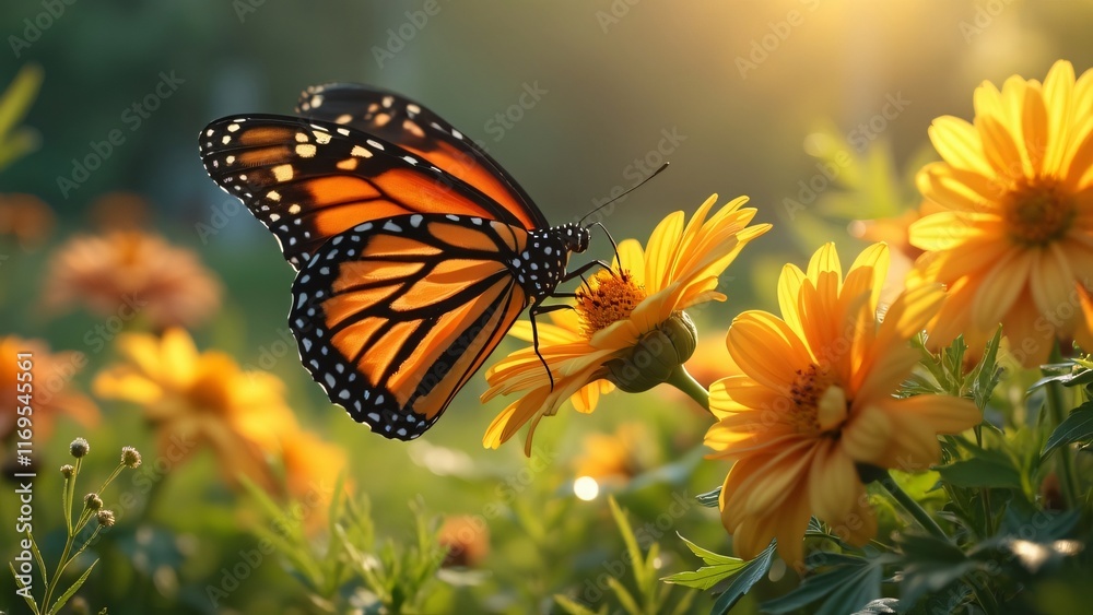 Fototapeta premium Monarch Butterfly on Yellow Flowers in Sunlight