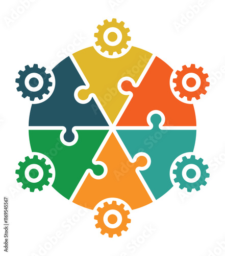 Teamwork. People as puzzle elements and gear. Group of people solving problem. 6 people puzzles