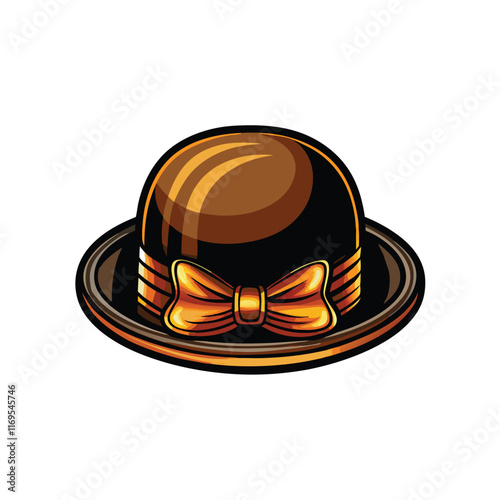 A brown bowler hat with a rounded crown and sleek satin, adorned with a large golden bow.