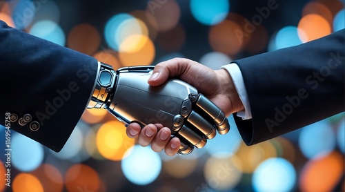Human and Robot Shaking Hands, AI Collaboration and Future of Work Concepts