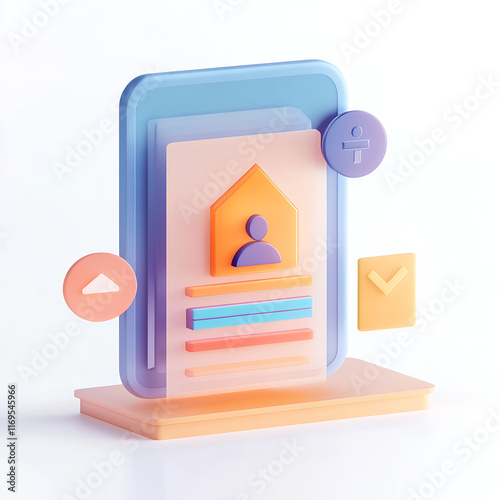 logistics online trading automation concept. Colorful digital interface with abstract shapes and icons representing communication and user interaction.
